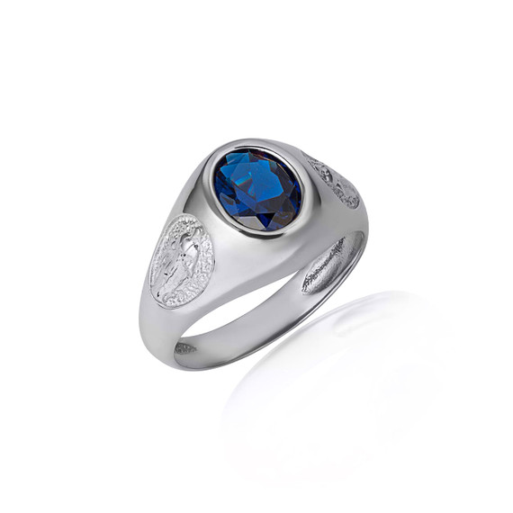 .925 Sterling Silver Oval Sapphire Gemstone Textured Our Lady Of Guadalupe Band Ring