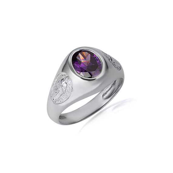 .925 Sterling Silver Oval Amethyst Gemstone Textured Our Lady Of Guadalupe Band Ring