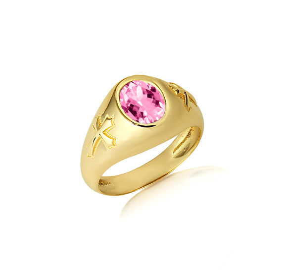 Gold Oval Pink Gemstone Textured Cross Band Ring