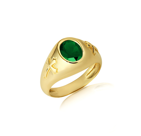 Gold Oval Emerald Gemstone Textured Cross Band Ring