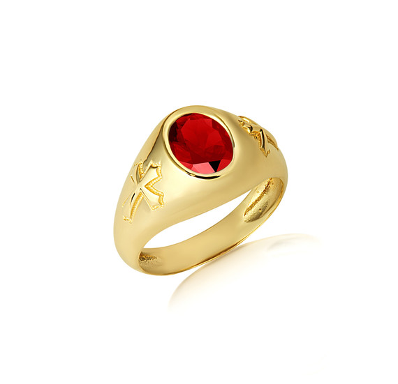 Gold Oval Garnet Gemstone Textured Cross Band Ring