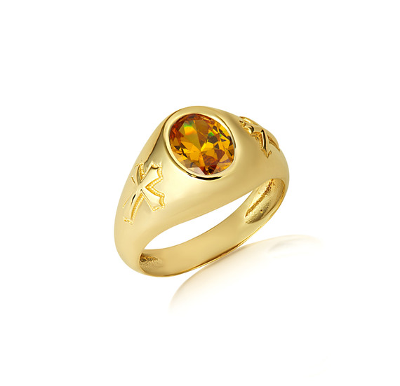 Gold Oval Citrine Gemstone Textured Cross Band Ring