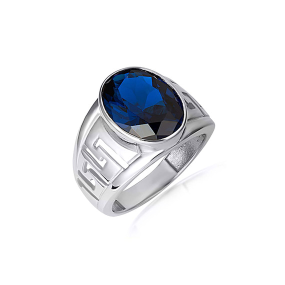 .925 Sterling Silver Sapphire Gemstone Greek Key Statement Band Ring