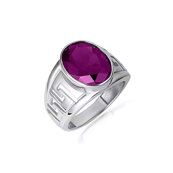 .925 Sterling Silver Amethyst Gemstone Greek Key Statement Band Ring