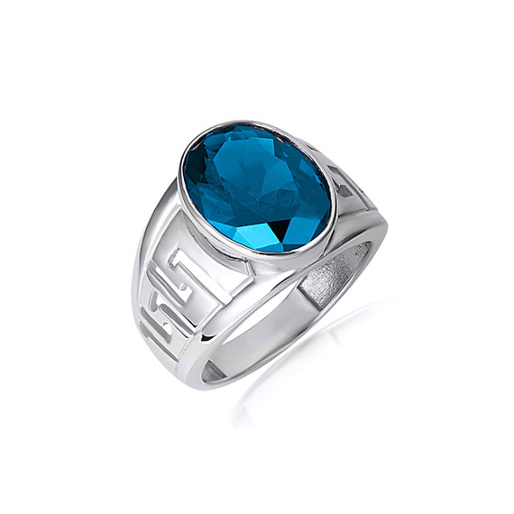 .925 Sterling Silver Blue Topaz Gemstone Greek Key Statement Band Ring