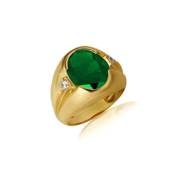 Gold Oval Emerald Gemstone Art Deco Statement Ring