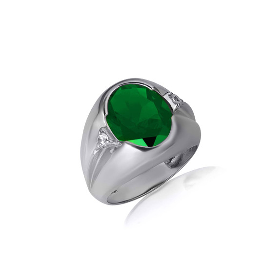 .925 Sterling Silver Oval Emerald Gemstone Art Deco Statement Ring