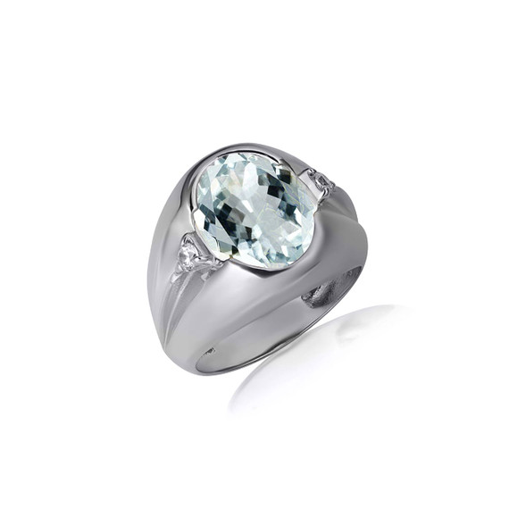 .925 Sterling Silver Oval Aqua Gemstone Art Deco Statement Ring