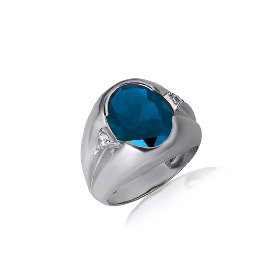 .925 Sterling Silver Oval Blue Topaz  Gemstone Art Deco Statement Ring