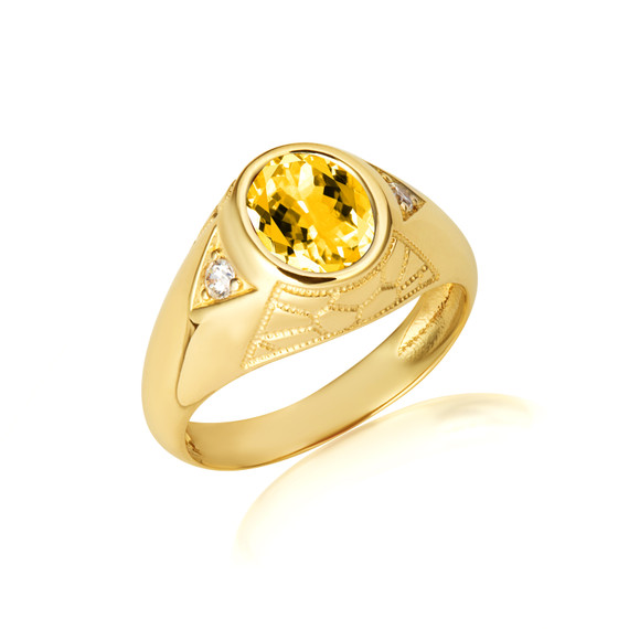 Gold Oval Citrine Gemstone Textured Nugget Statement Band Ring