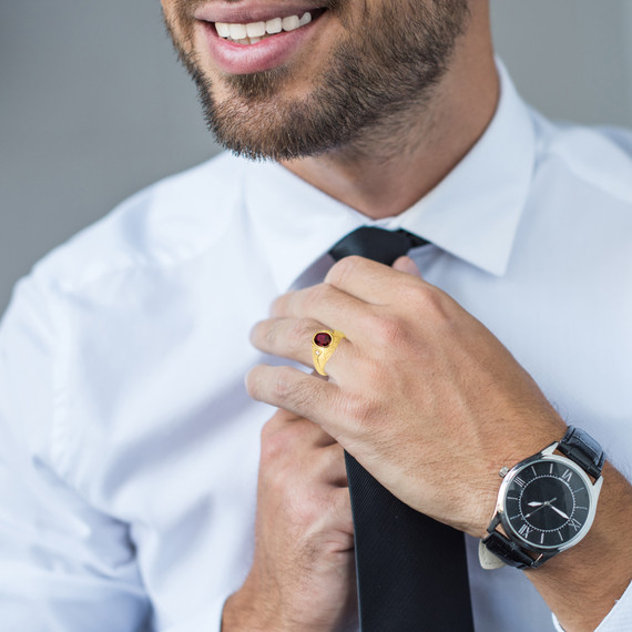 Gold Oval Gemstone Textured Nugget Statement Band Ring on male model