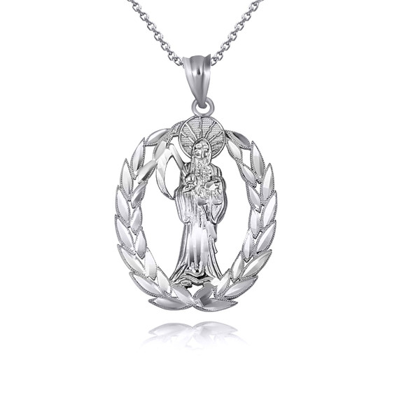 White Gold Santa Muerte Greek Laurel Wreath Frame Pendant Necklace