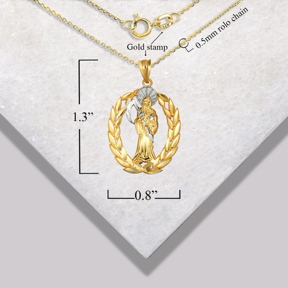 Gold Santa Muerte Greek Laurel Wreath Frame Pendant Necklace with measurements
