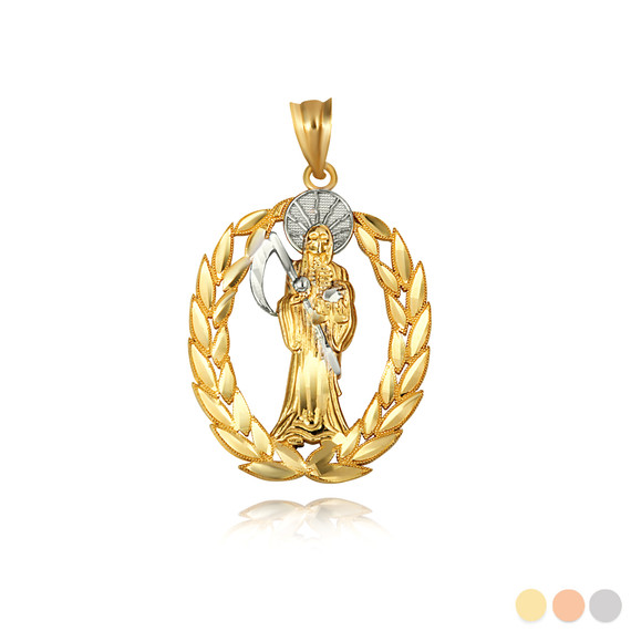 Gold Santa Muerte Greek Laurel Wreath Frame Pendant