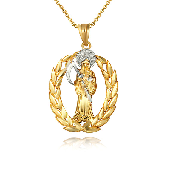 Gold Santa Muerte Greek Laurel Wreath Frame Pendant Necklace (Available in Yellow/Rose/White Gold)