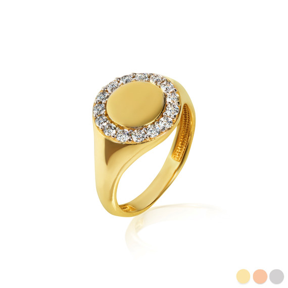 Gold CZ Circle Halo Signet Ring