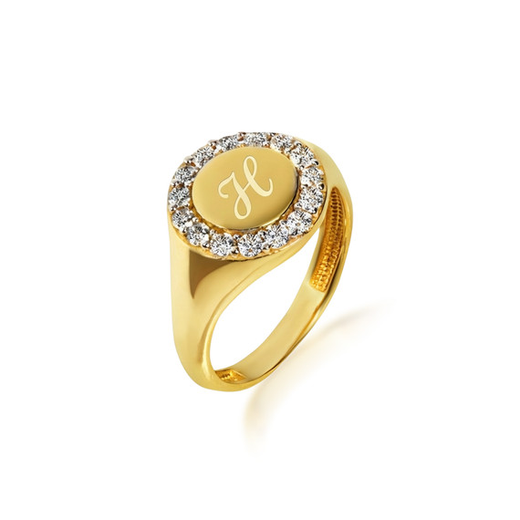 Gold Engravable Cubic Zirconia Halo Signet Ring (Available in Yellow/Rose/White Gold)