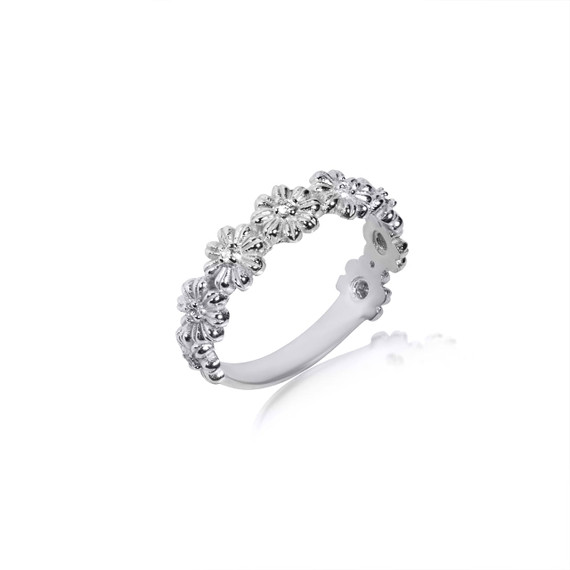 White Gold Daisy Flower CZ Band Ring