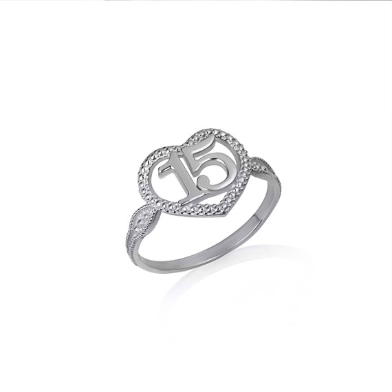 White Gold 15 Anos Heart Quinceanera Textured Ring