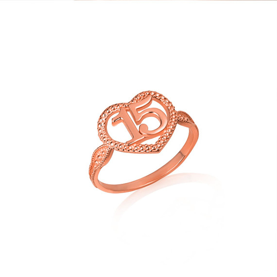 Rose Gold 15 Anos Heart Quinceanera Textured Ring