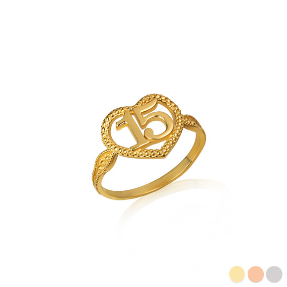 Yellow Gold 15 Anos Heart Quinceanera Textured Ring