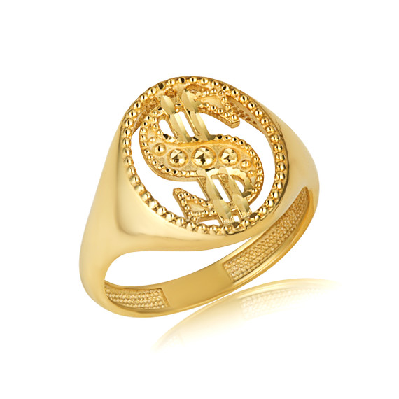 Yellow Gold Diamond Cut Money Dollar Sign Textured Ring