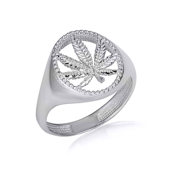 White Gold Diamond Cut Marijuana Leaf Weed Textured Ring