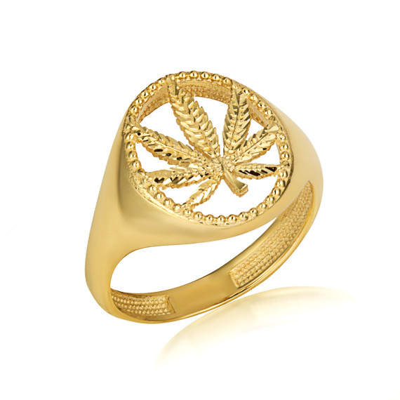 Gold Diamond Cut Marijuana Leaf Weed Textured Ring