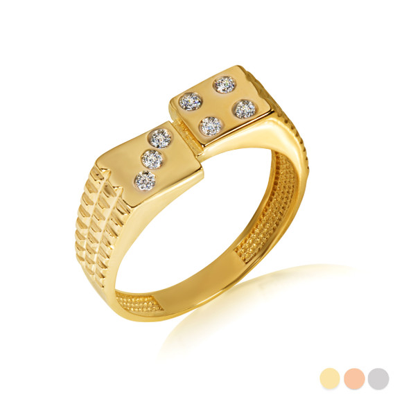 Gold 3D Dice Lucky Seven CZ Ribbed Ring