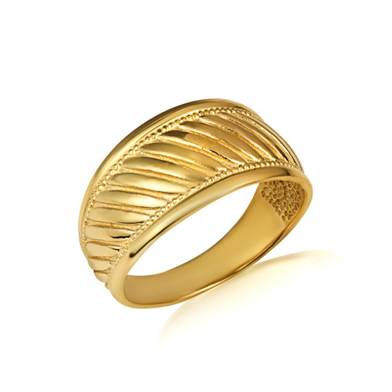 Gold Beaded Ribbed Band Ring