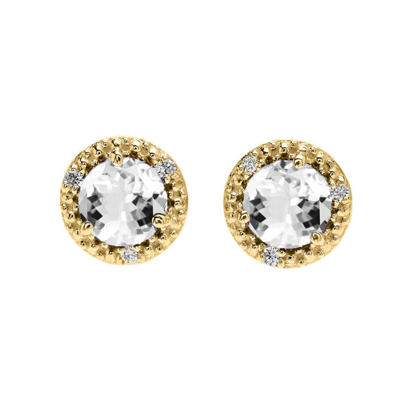 Personalized Gold Halo Stud Earrings in with Solitaire Gemstone and Diamonds (Available in Yellow/Rose/White Gold)