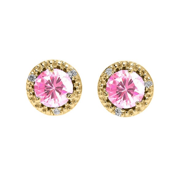 Personalized Gold Halo Stud Earrings in with Solitaire Gemstone and Diamonds (Available in Yellow/Rose/White Gold)