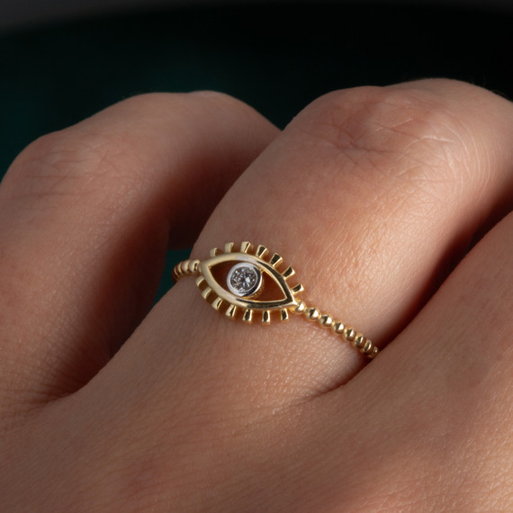 14K Yellow Gold Evil Eye Protection CZ Beaded Band Ring on female model