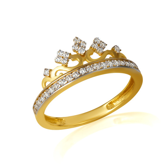 14K Yellow Gold CZ Crown Tiara Filigree Band Ring