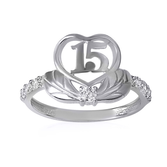 .925 Sterling Silver 15 Anos Quinceanera Heart CZ Ring