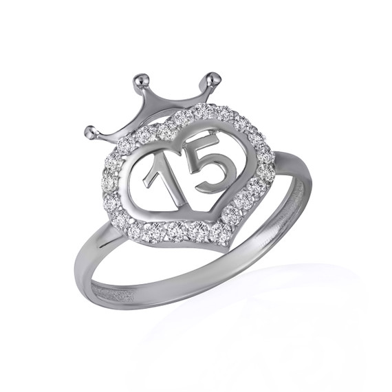 .925 Sterling Silver 15 Anos Quinceanera Heart CZ Crown Ring
