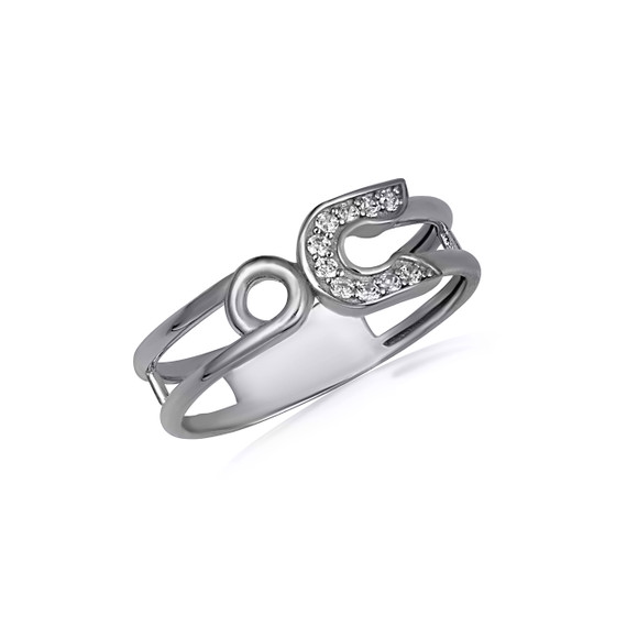 .925 Sterling Silver CZ Studded Paperclip Safety Pin Band Ring