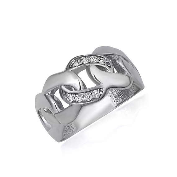 .925 Sterling Silver CZ Cuban Chain Link Statement Ring