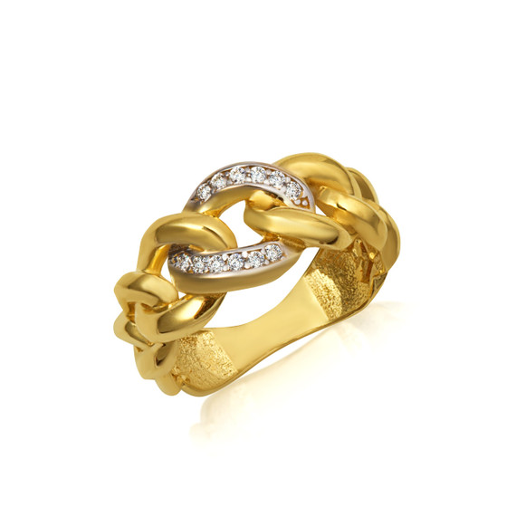 14K Yellow Gold CZ Cuban Chain Link Statement Ring