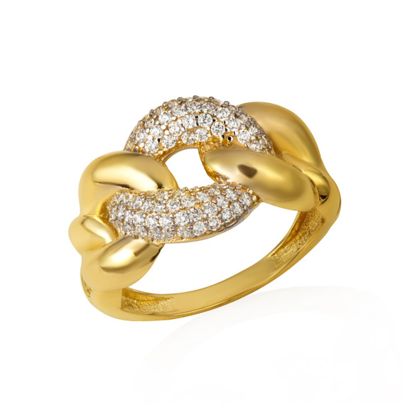 Yellow Gold Cubic Zirconia Cuban Chain Link Band Ring