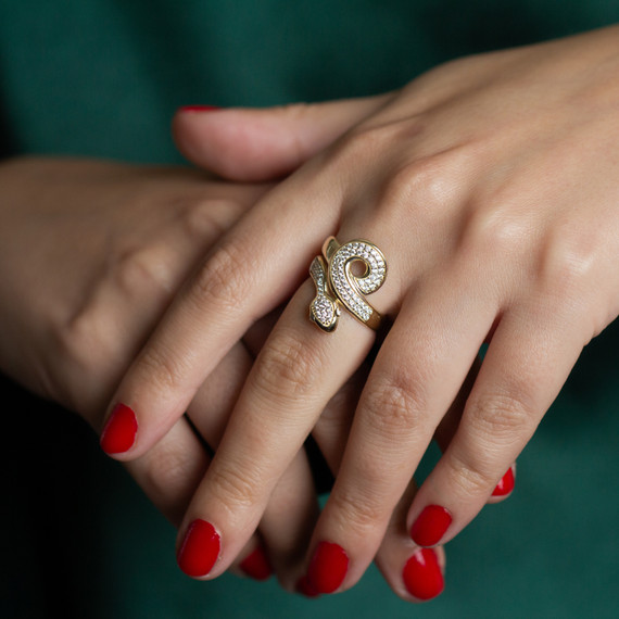 Yellow Gold Cubic Zirconia Coiled Snake Band Ring on female model