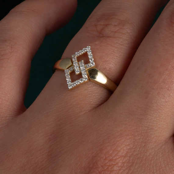 14K Yellow Gold Double Diamond Shape CZ Link Ring on female model