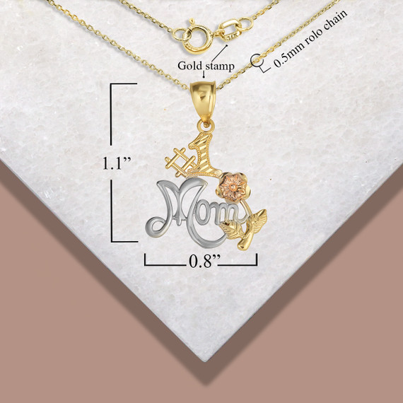 Tri-Color #1 Mom Rose Flower Mother's Pendant Necklace wiht measurements