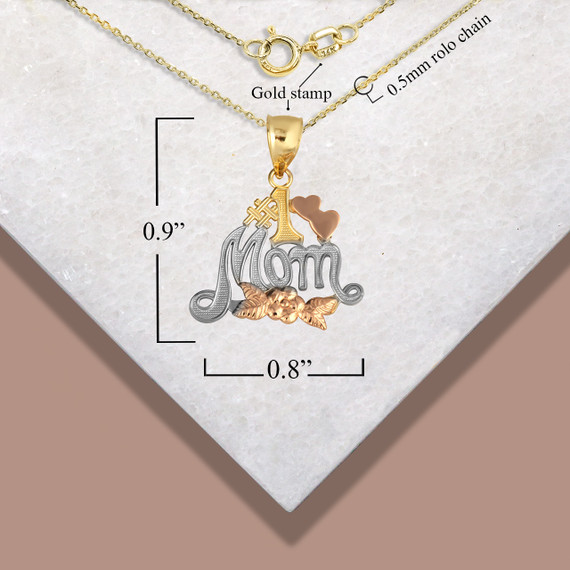 Tri-Color #1 Mom Heart Flower Petal Mother's Pendant Necklace with measurements