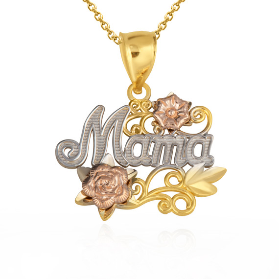 Tri-Color Mama Rose Flower Filigree Mother's Pendant Necklace