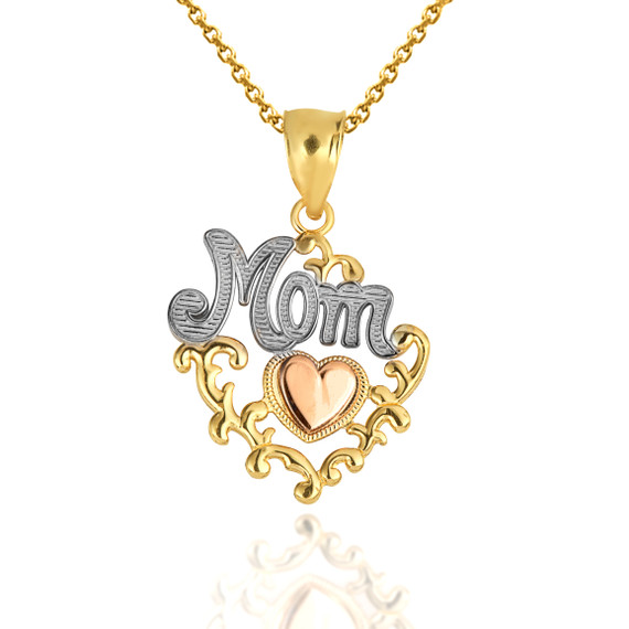 Tri-Color Mom Heart Filigree Mother's Pendant Necklace