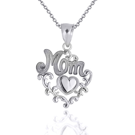 .925 Sterling Silver Mom Heart Filigree Mother's Pendant Necklace