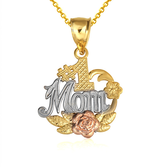Gold Tri-Color #1 Mom Rose Flower Petal Mother's Pendant Necklace