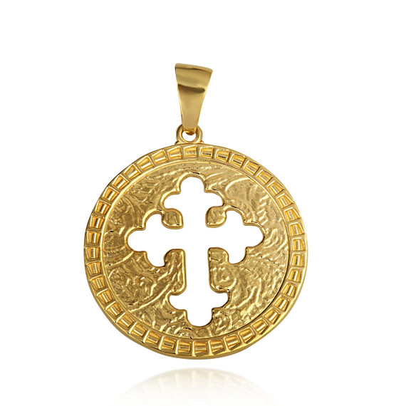 Yellow Gold Religious Cross Cutout Medallion Pendant