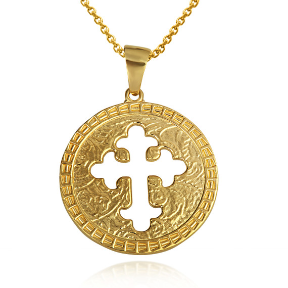 Yellow Gold Religious Cross Cutout Medallion Pendant Necklace